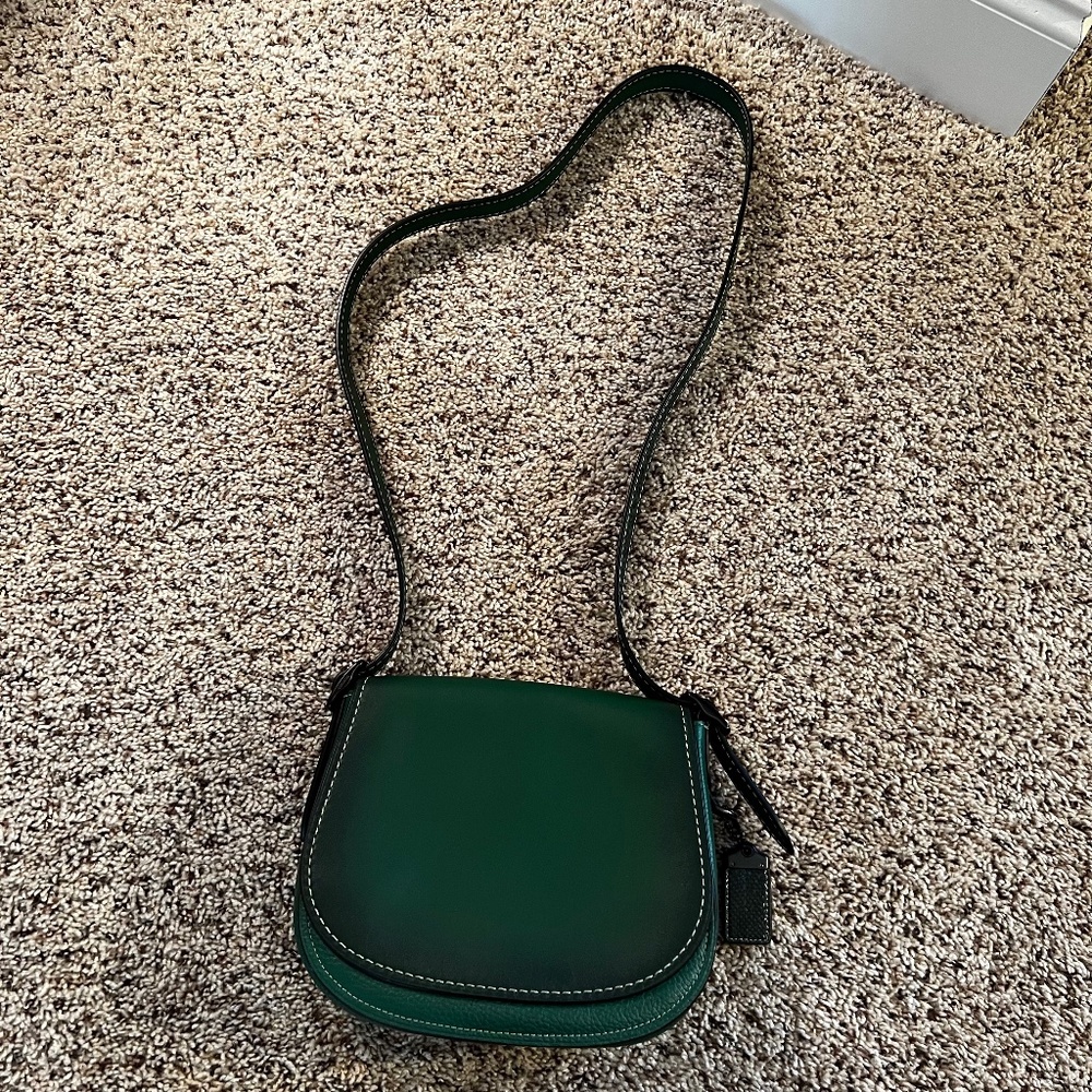 Coach Saddle Purse, Cypress and Pewter with Snake Print Strap